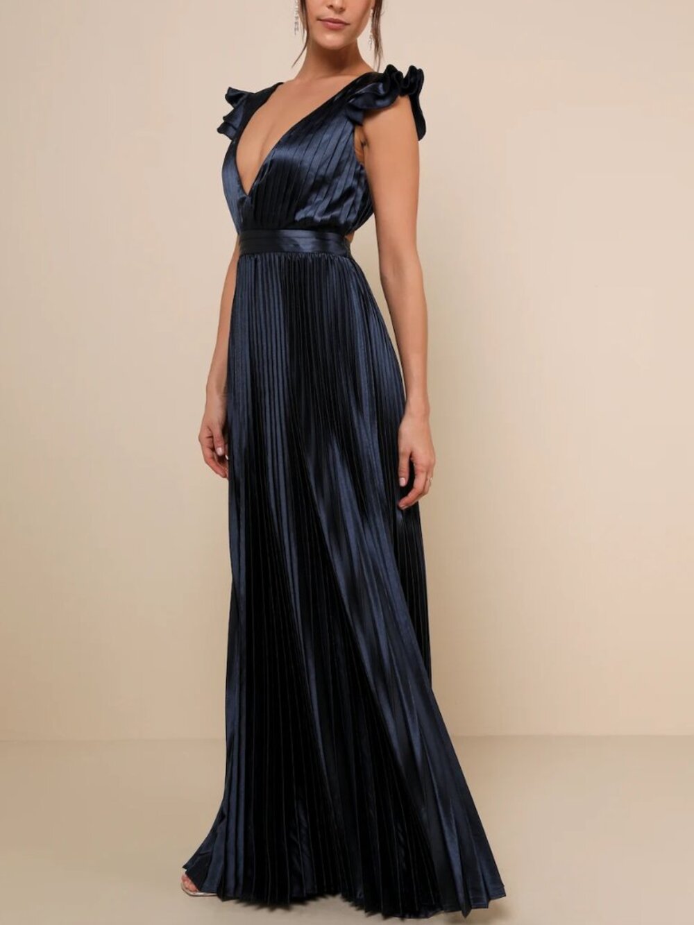 Exceptional Drama Navy Blue Satin Lace-Up Pleated Maxi Dress from Lulus